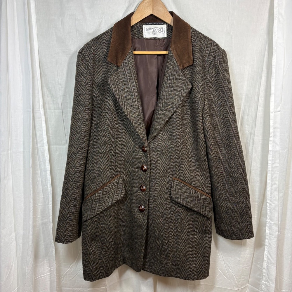 International Scene Wool Suede Elbow Patches‎ Tweed Equestrian Sport Coat Size 8